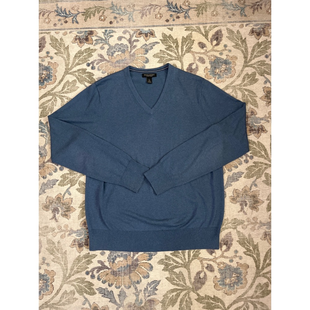 Banana Republic V-Neck Sweater Mens Large Blue Good Silk Cotton Cashmere Blend